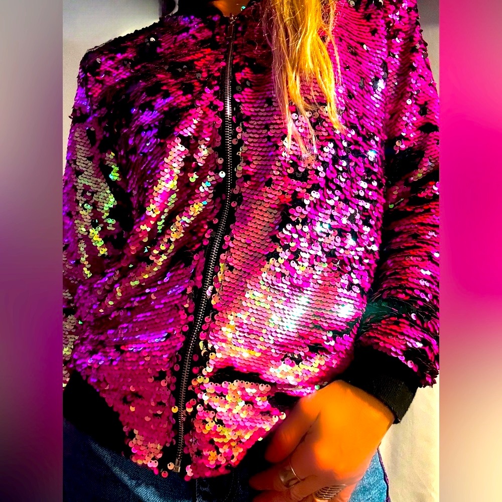 Designer Pink and Black Sequin Bomber Jacket! Posh!